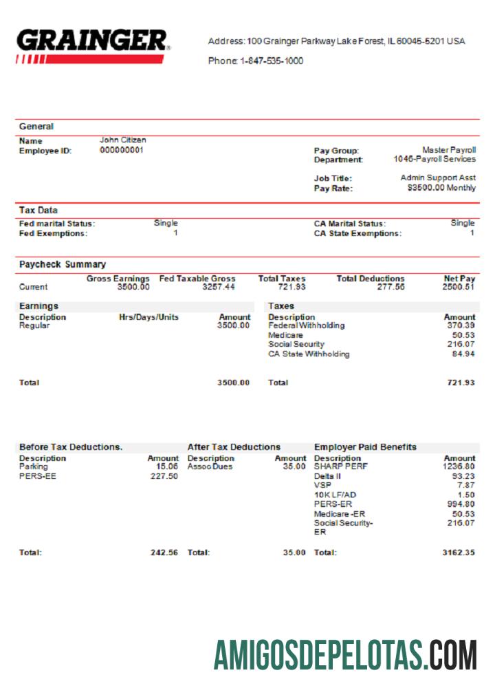 AS Grainger industry Perusahaan pay stub sampel