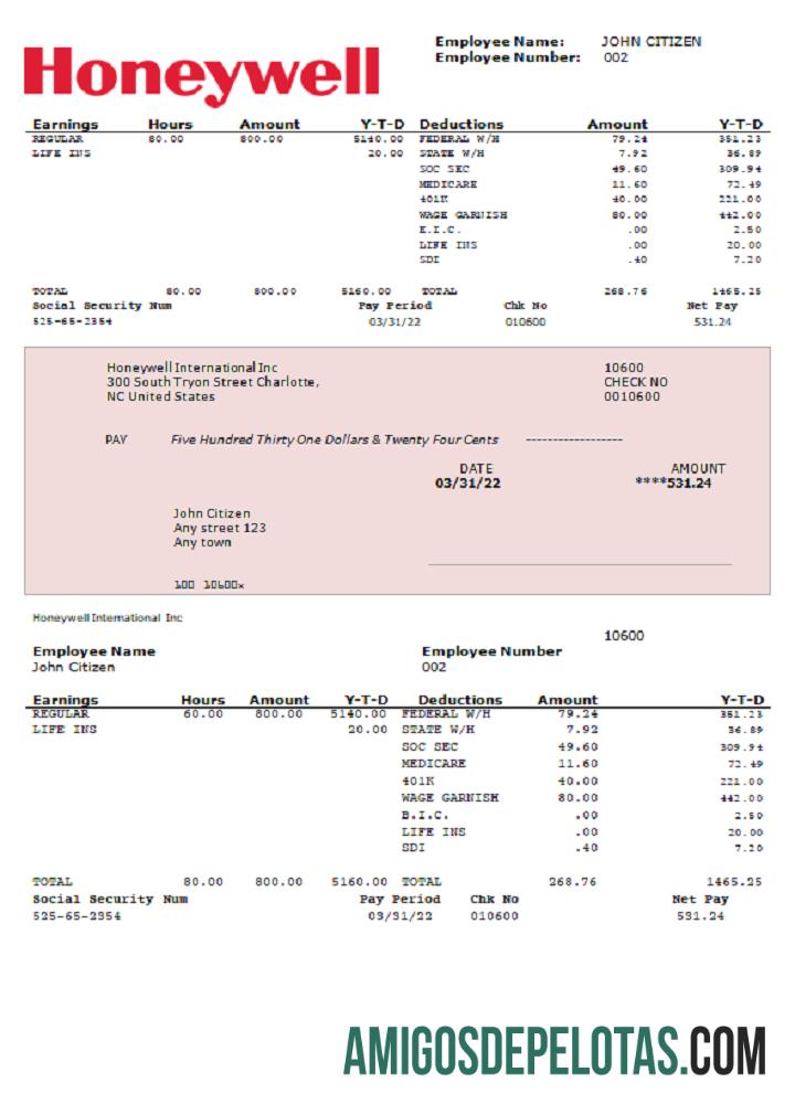 AS Honeywell conglomerate Perusahaan pay stub PSD pratinjau