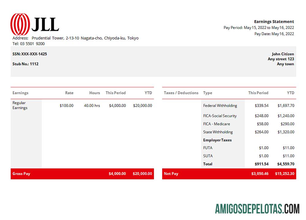 AS JLL Nyata estate Perusahaan pay stub Word desain