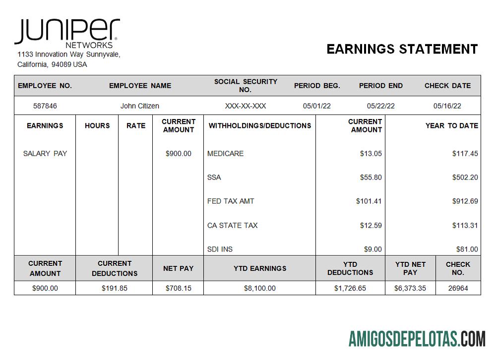 AS Juniper networking Perusahaan pay stub pratinjau