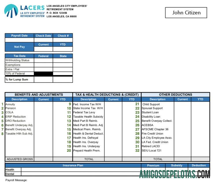 AS LA CITY employees' retirement Sistem paystub in Word and PDF format sampel