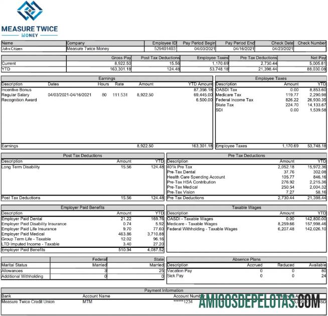 Realistis AS MEASURE Twice Financia payslip templat in Word and PDF