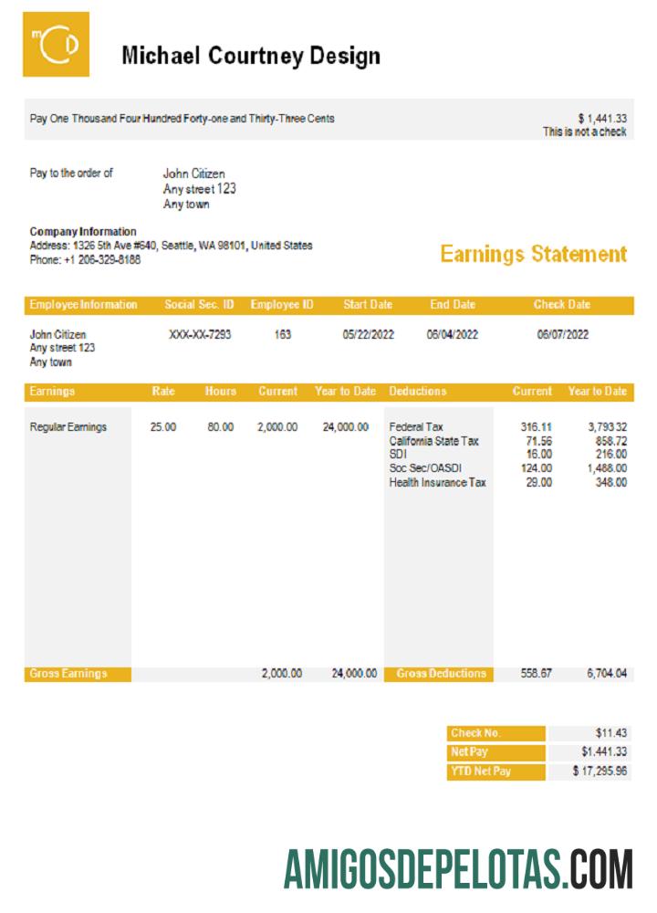 AS Michael Courtney Desain graphic Perusahaan pay stub templat