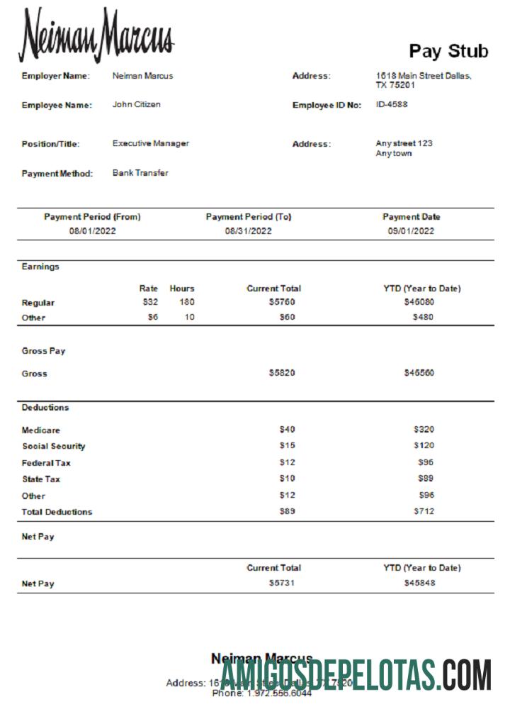 AS Neiman Marcus department store Perusahaan pay stub makering