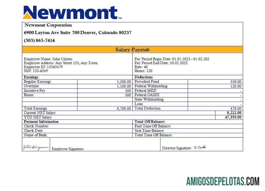 AS Newmont Corporation mining Perusahaan pay stub pratinjau