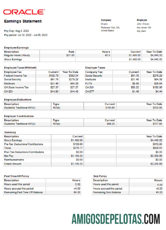 AS Oracle Perangkat Lunak Perusahaan pay stub pratinjau