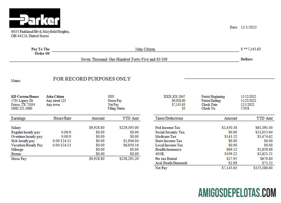 AS Parker Hannifin teknik Perusahaan pay stub sampel