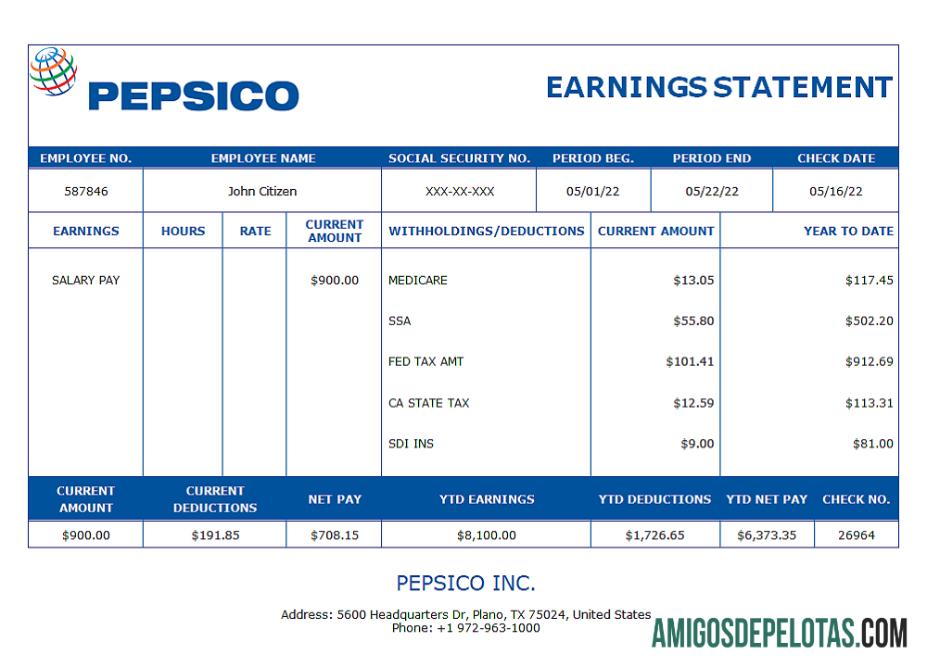 AS Pepsico Inc. drink producing Perusahaan pay stub templat