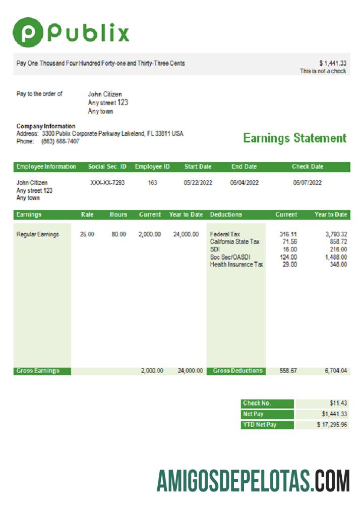 AS Publix Super Markets Inc. supermarket Perusahaan pay stub desain