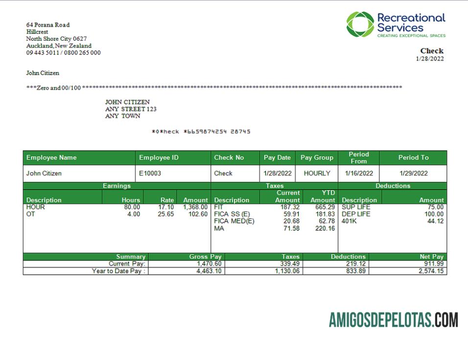 AS Recreational Services entertainment Perusahaan pay stub templat
