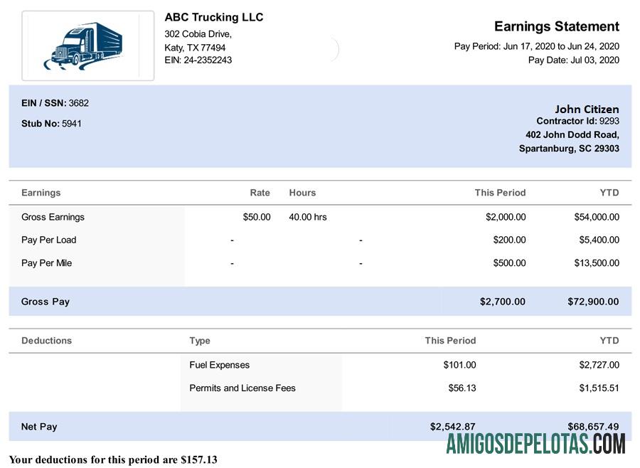 AS South Carolina TRUCKING LLC paystub in Word and PDF format sampel