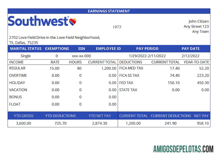 AS Southwest Airlines airlines Perusahaan pay stub pratinjau