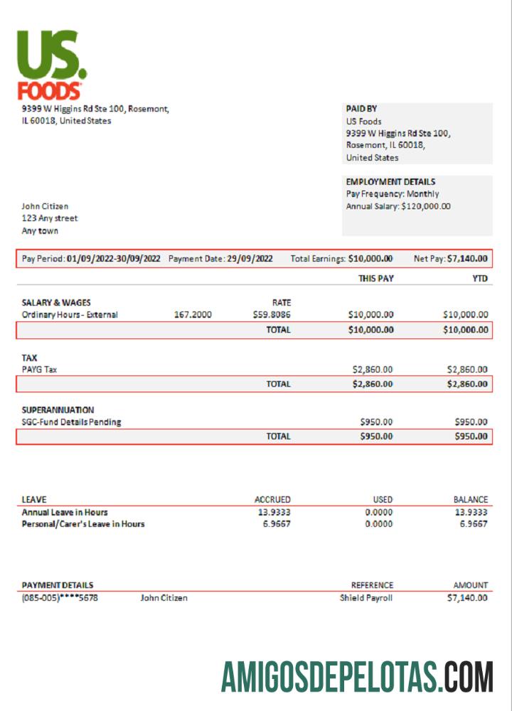 AS US Foods food distribution Perusahaan pay stub pratinjau