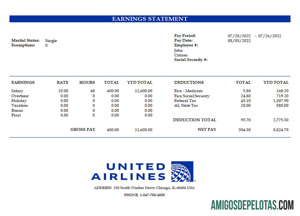 AS United Airlines Holdings airlines Perusahaan pay stub sampel