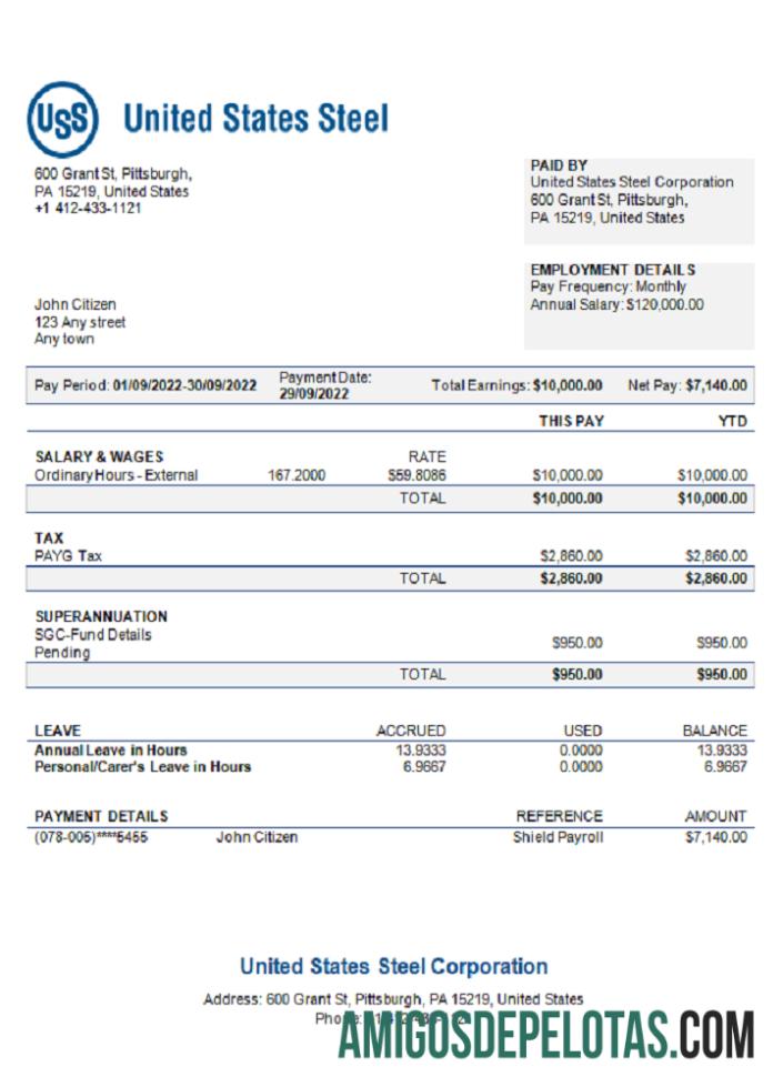 AS Amerika Serikat Steel Corporation steel production Perusahaan pay stub desain