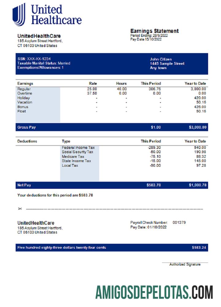 AS UnitedHealthCare managed care Perusahaan pay stub makering
