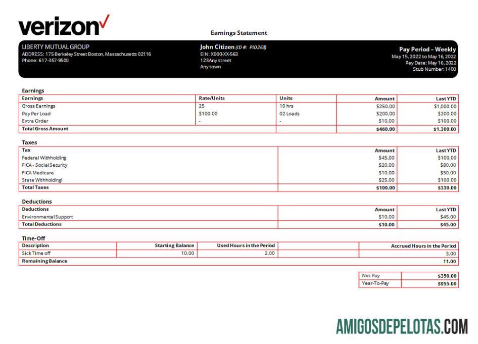 AS Verizon telecommunication Perusahaan pay stub templat