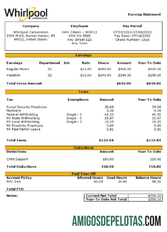 AS Whirlpool Corporation komersial Perusahaan pay stub templat