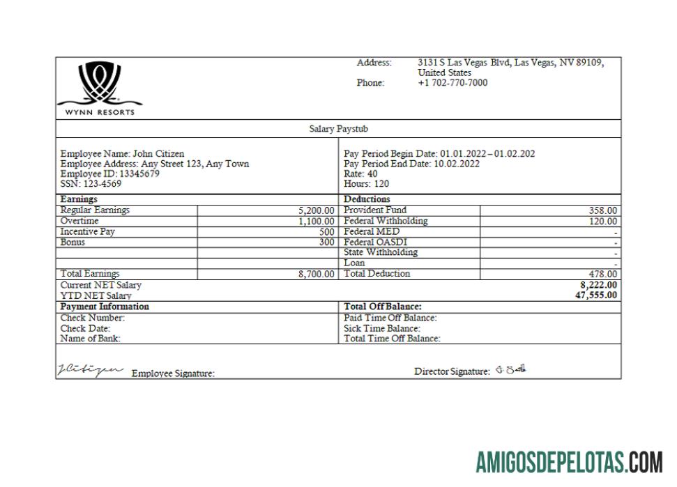 AS Wynn Resorts hospitality Perusahaan pay stub pratinjau