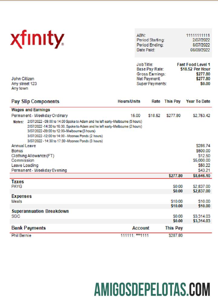 AS Xfinity broadasting Perusahaan pay stub pratinjau