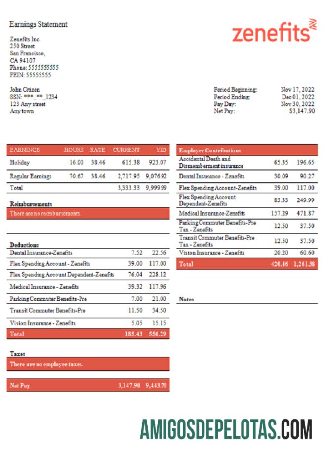 AS Zenefits Teknologi Perusahaan pay stub desain