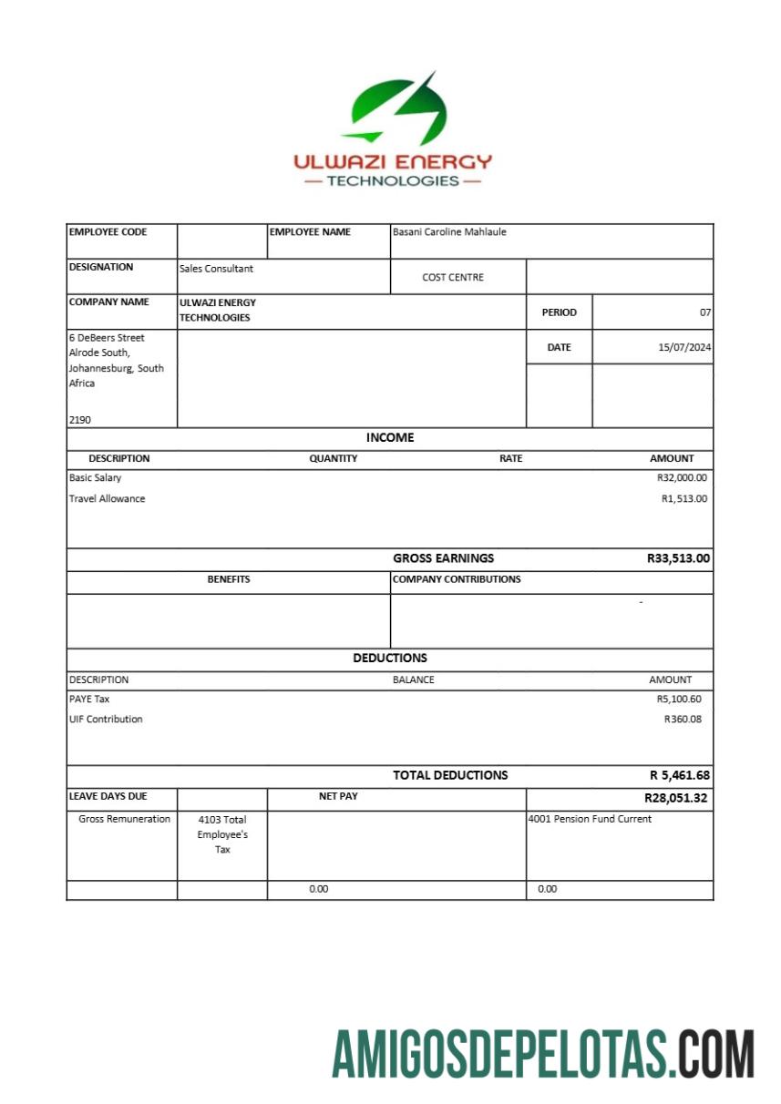 Profesional Ulwazi Energy Technologies payslip templat in Word and PDF format.PDF, 1