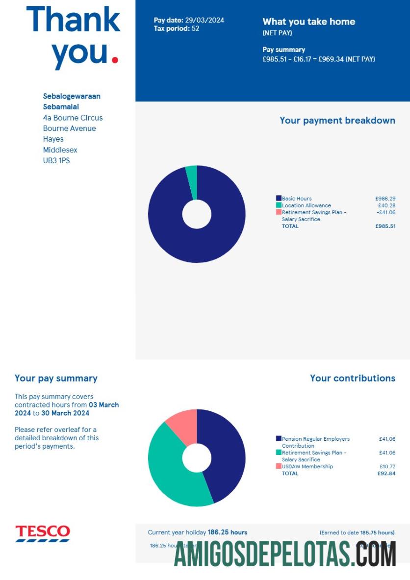 Realistis Inggris Raya Tesco Stores payslip templat in Word and PDF format.PDF, 1