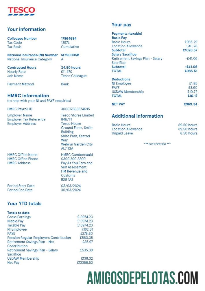 Dapat Diedit Inggris Raya Tesco Stores payslip templat in Word and PDF format.PDF, 2