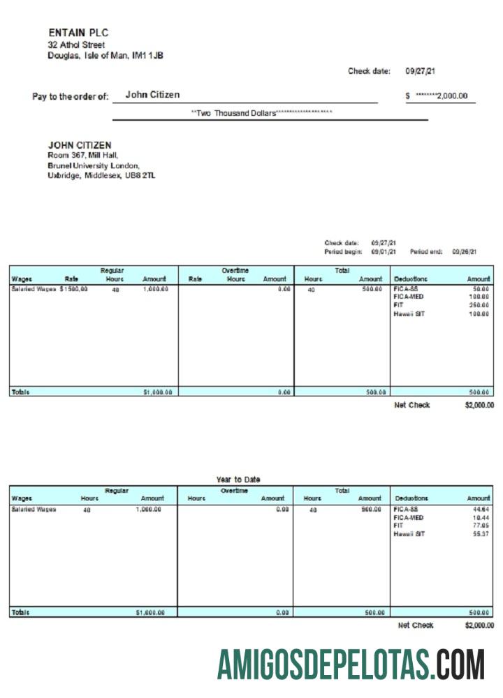 Inggris Raya Pay Stub Word templat