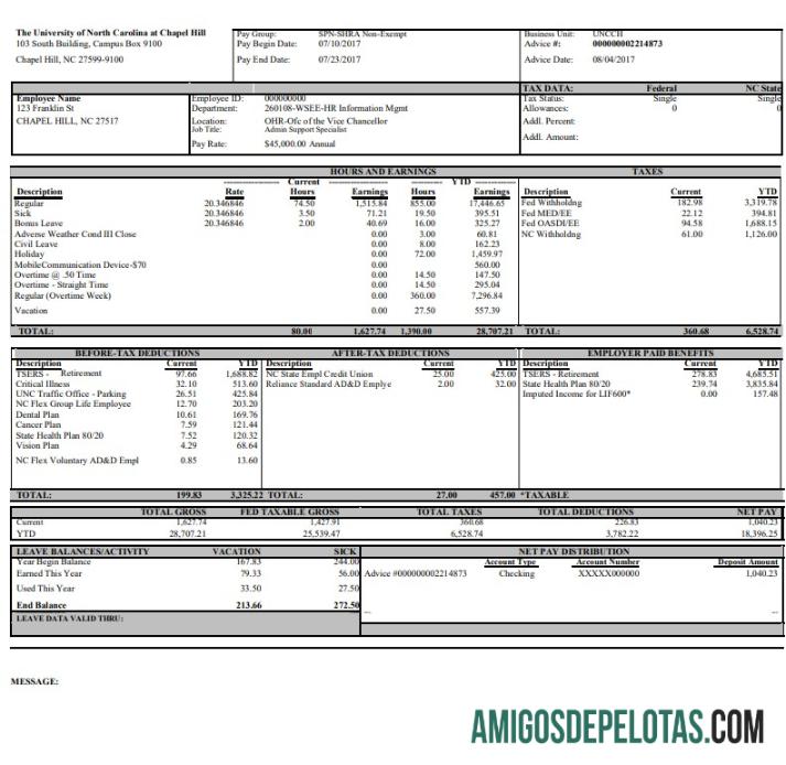 Dapat Diedit universitas of North Carolina pay stub Word and PDF templat