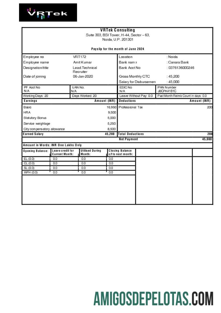 Realistis VRTek Consulting payslip templat in Word and PDF format.PDF, 1