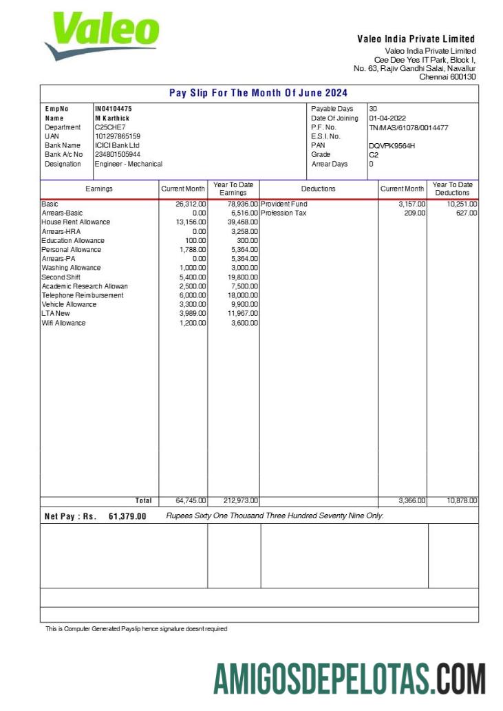 Profesional Valeo India payslip templat in Word and PDF format.PDF, 1