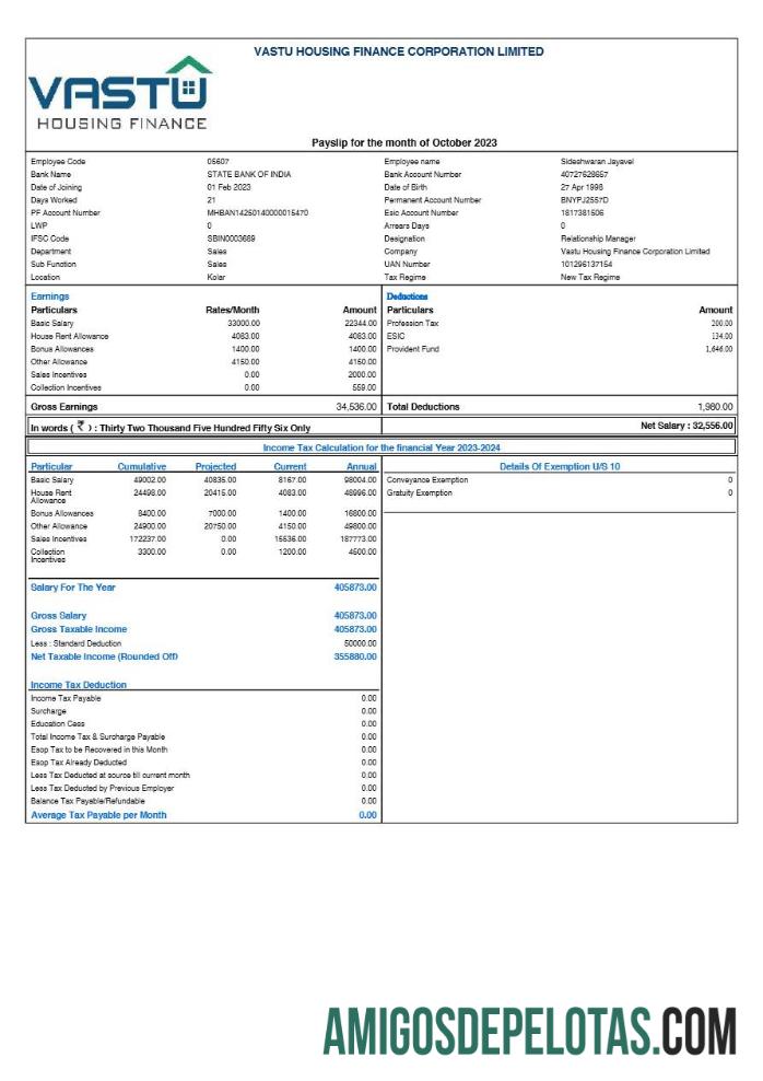 Dapat Diedit Vastu Housing Keuangan Corporation payslip templat in Word and PDF format.PDF, 1