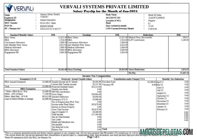 Dapat Diedit Vervali Systems Perangkat Lunak Perusahaan payslip templat in Word and PDF format.PDF, 1