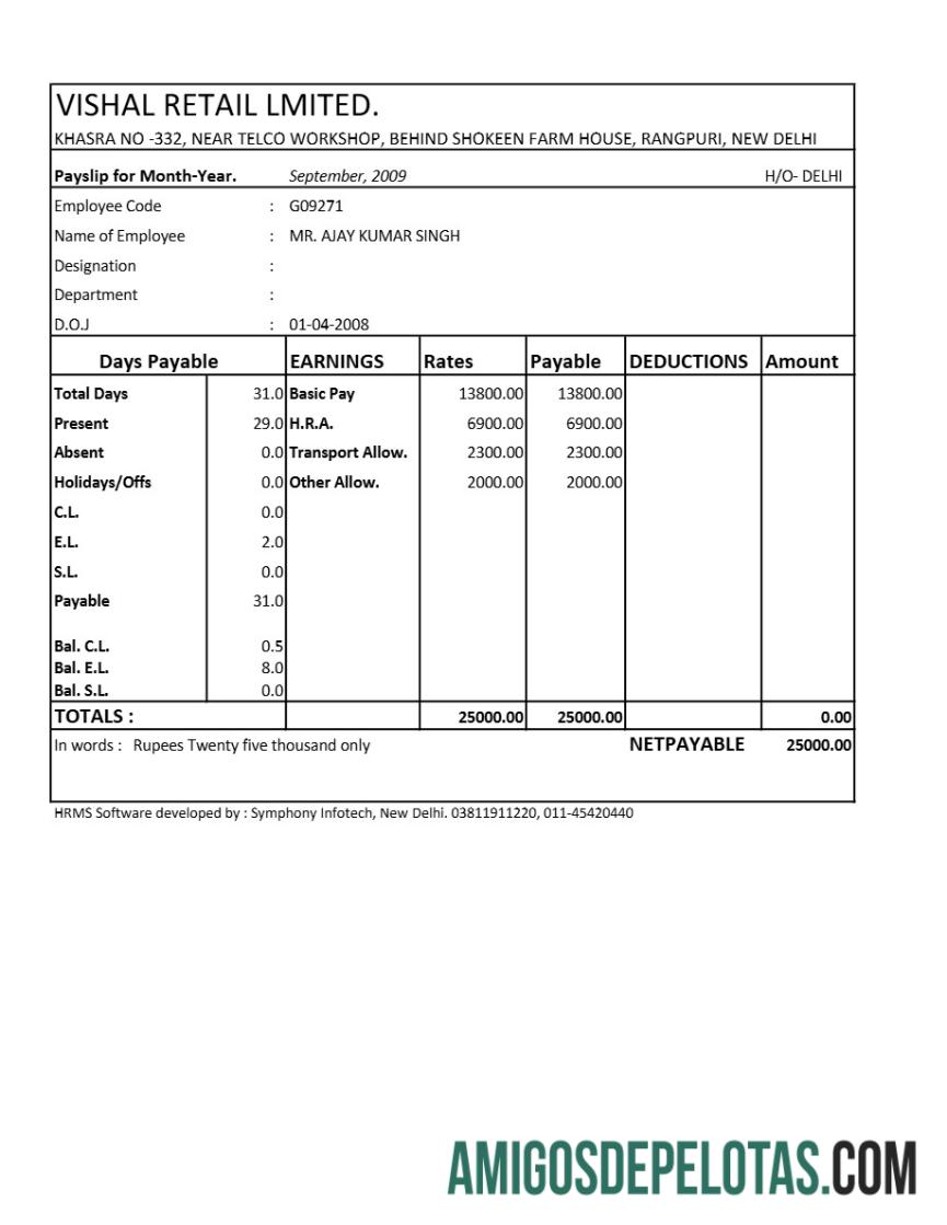 Realistis Vishal Retail LTD payslip templat in Excel and PDF format.PDF, 1