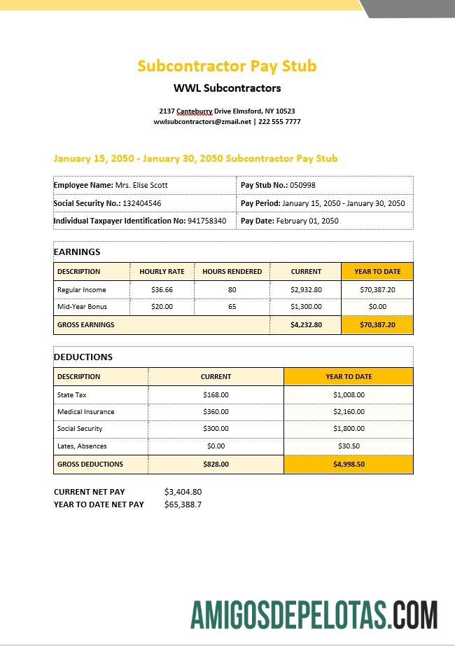 WWL Subcontractors pay stub in PDF and Word format templat