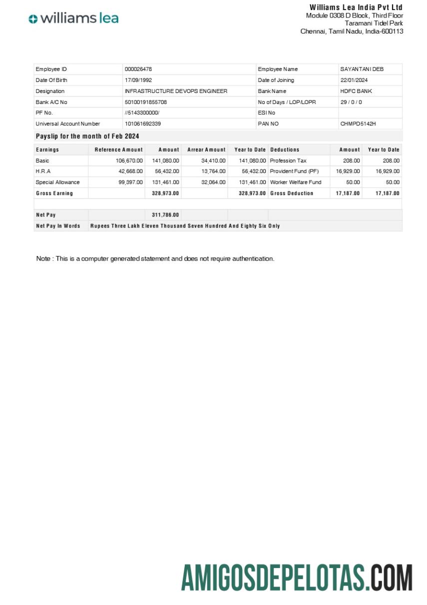 Realistis Williams Lea India corporate office payslip templat in Word and PDF format.PDF, 1