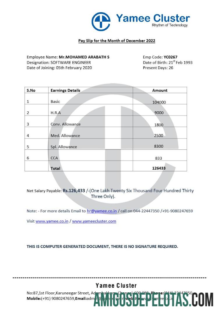 Berkualitas Yamee Cluster Perangkat Lunak Perusahaan payslip templat in Word and PDF format.PDF, 2