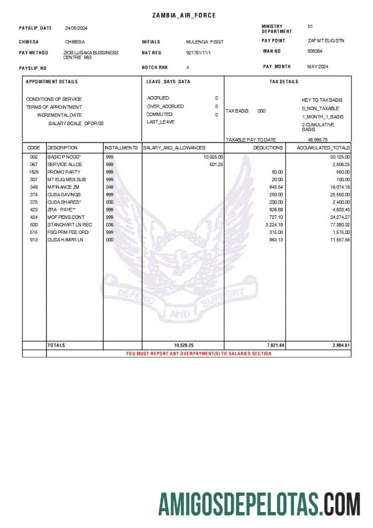 Dapat Diedit Zambian Air Force payslip templat in Word and PDF format.PDF, 1