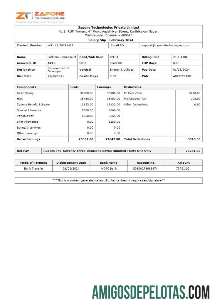 Berkualitas Zapone Technologies payslip templat in Word and PDF format.PDF, 1