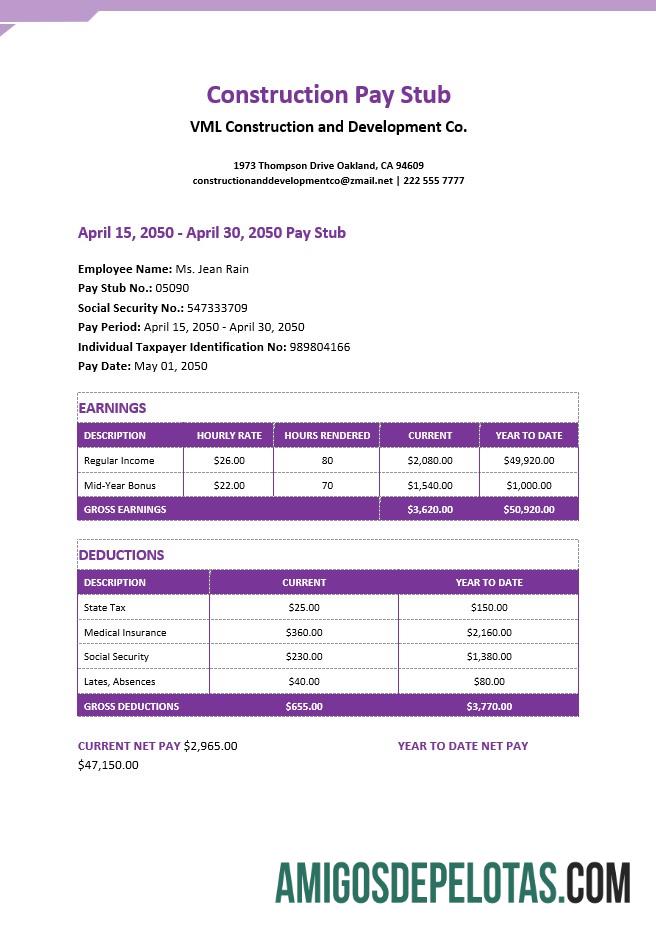 Premium construction pay stub Word and PDF templat