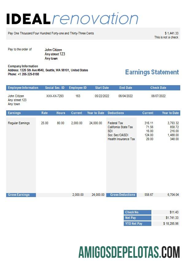 Premium home renovation Perusahaan paystub templat in Word and PDF format