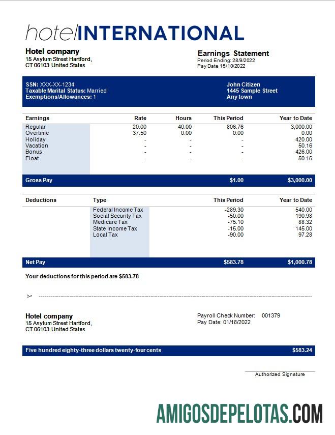 Premium hotel International payroll templat in Word and PDF format
