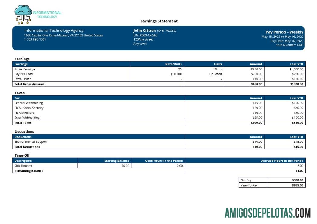 Realistis Informasi Teknologi Perusahaan paystub templat in Word and PDF format