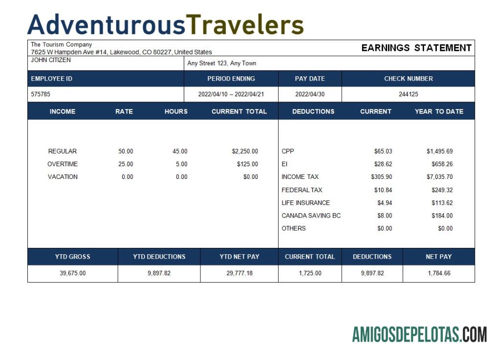 Dapat Diedit tourism Perusahaan paystub templat in Word and PDF format