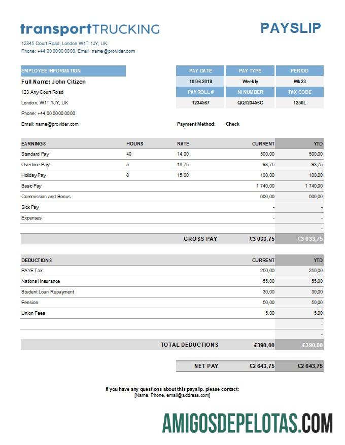Dapat Diedit transport Perusahaan payroll templat in Excel and PDF format