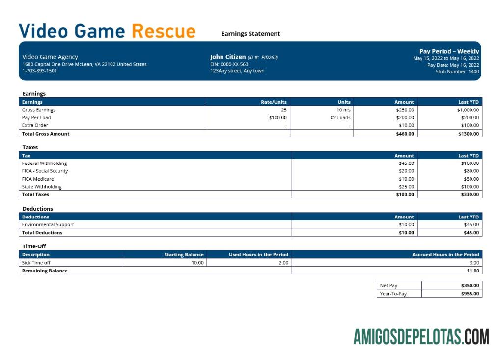 Dapat Diedit Video Permainan Perusahaan paystub templat in Word and PDF format