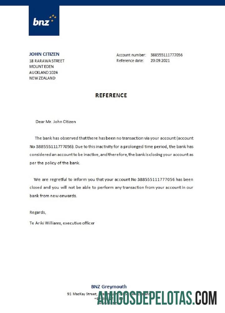 Selandia Baru BNZ closure Referensi sampel