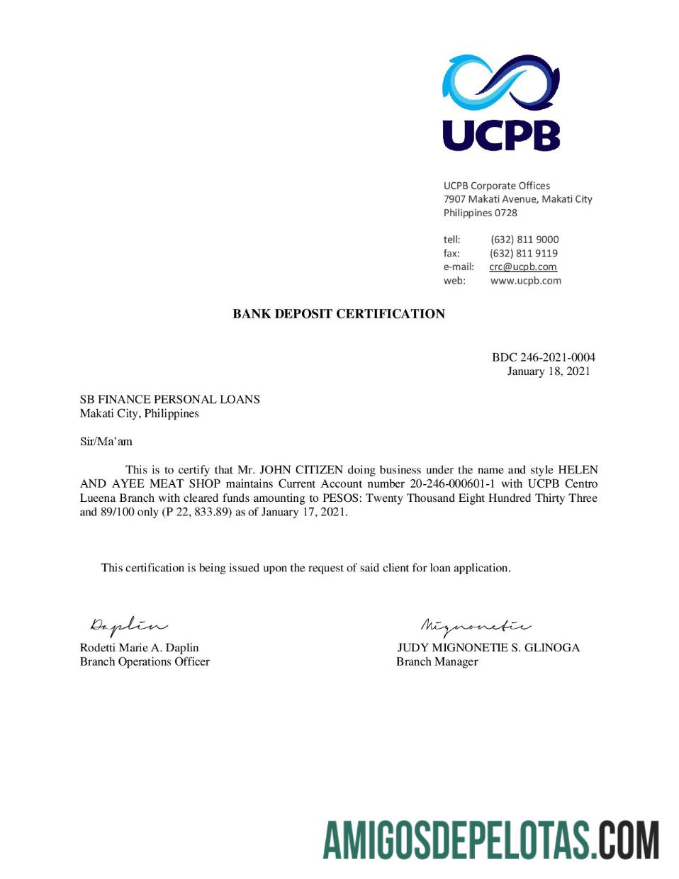 Filipina UCPB bank Setoran Sertifikasi Surat makering