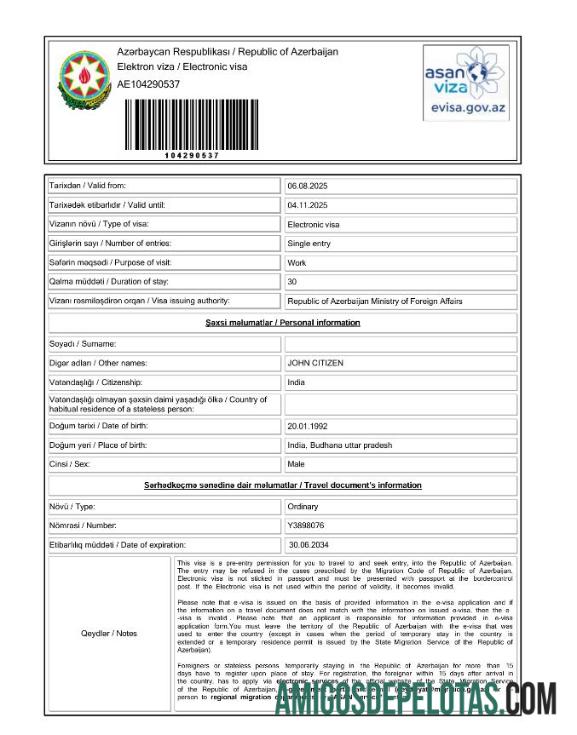 قابل ترمیم آذربائیجان electronic ویزا ٹیمپلیٹ in Word and PDF فارمیٹ, ورژن 2